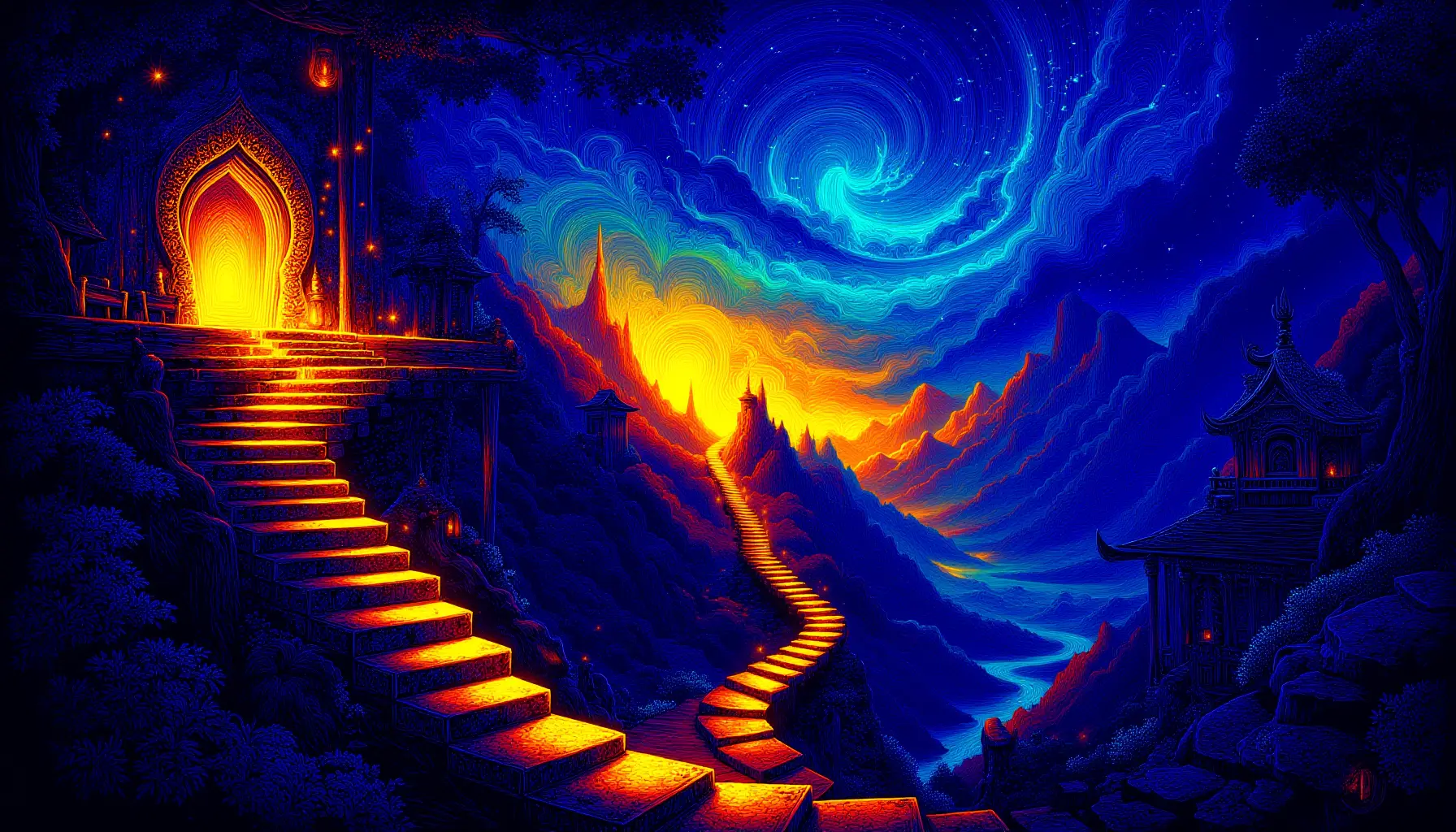 A luminous stairway ascending toward a golden gateway under a cosmic sky