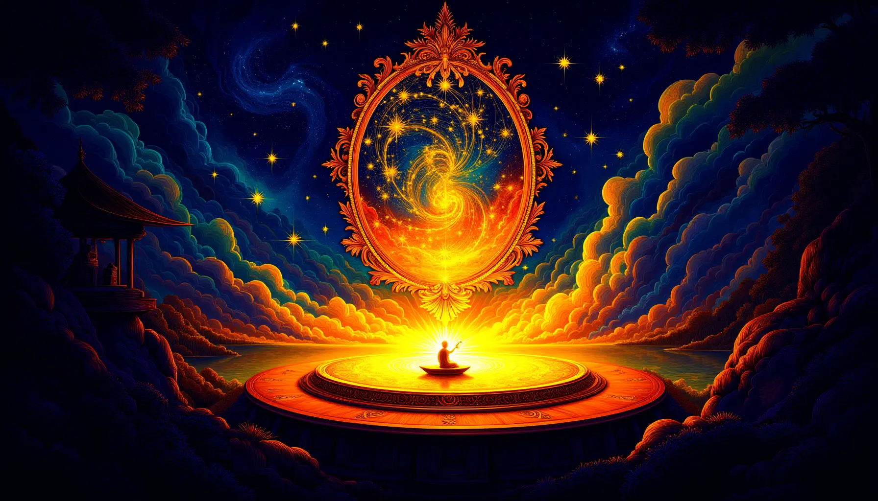 A cosmic mirror reflecting celestial patterns above a meditating figure